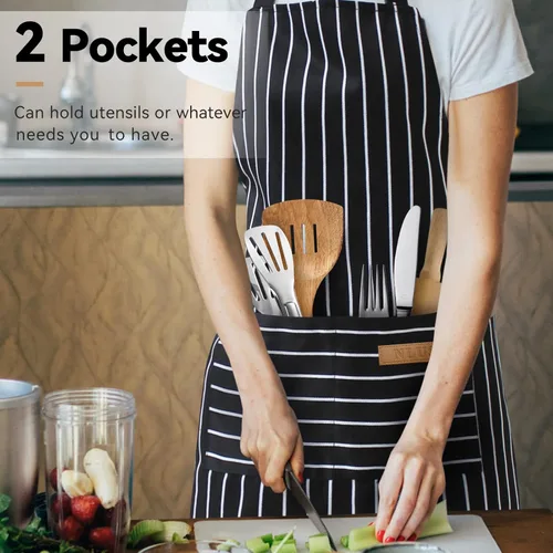 Miniatura 6 de NLUS Paquete de 2 delantales de cocina de cocina, delantal de chef ajustable suave con 2 bolsillos para hombres y mujeres (rayas negras y marrones)