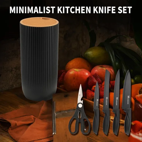 Miniatura 7 de Juego de cuchillos negros con bloque, juego de 6 cuchillos para tijeras de cocina con soporte compacto, cuchillo de chef afilado sin palo, diseño