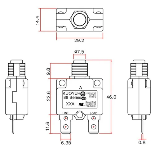 Miniatura 4 de KUOYUH Serie 88 125/250VAC 32VDC 50/60Hz Disyuntor de Sobrecarga Térmica 3-30A (5A)
