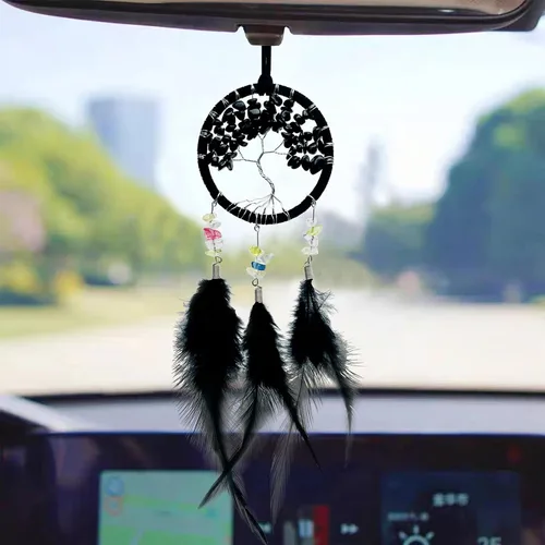 Miniatura 4 de Atrapasueños negro para espejo retrovisor de coche, accesorios de espejo retrovisor hecho a mano, pequeño atrapasueños decoración colgante regalos
