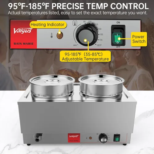 Miniatura 3 de Valgus Calentador de alimentos comercial de acero inoxidable Bain Marie, 2 ollas redondas, calentador de sopa eléctrico con tapa y grifo
