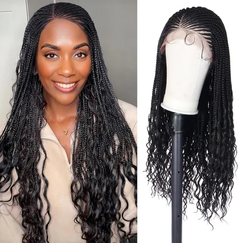 Miniatura 9 de Alebery Pelucas Trenzadas de Caja Bohemias Sin Nudos de Encaje Frontal HD 13X8 para Mujeres Negras Pelucas de Trenzas de Caja Bohemias con Rizos