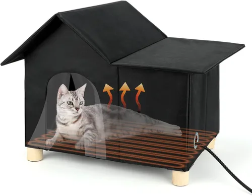 Miniatura 11 de Casa Grande con Calefacción para Gatos de Exterior, Casa Elevada para Gatos al Aire Libre Resistente a la Intemperie con Almohadilla Térmica