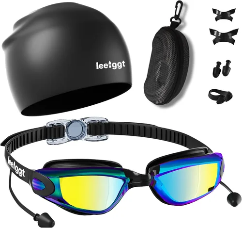 Juego de gafas de natación sin fugas, antivaho y anti-UV, clip de nariz, gorro de natación y estuche para hombres, mujeres y adultos Dorado