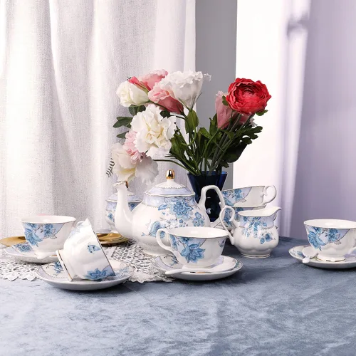 Miniatura 5 de fanquare Juego de té de porcelana con flores azules, juego de taza de té y platillo para 6, juego de té de boda con jarra de crema, juego de café