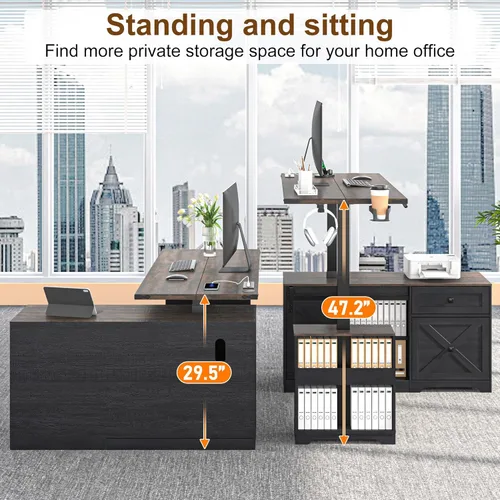 Miniatura 5 de St.Mandyu 55" Farmhouse L Shaped Electric Standing Desk with Sliding Door Storage, Height Adjustable Sit Stand Corner Computer Desk with Power