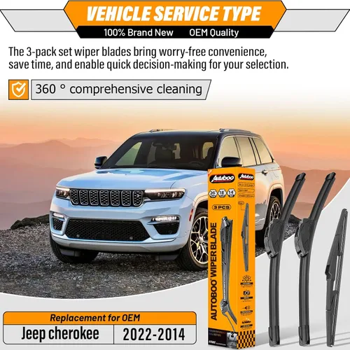 Miniatura 2 de AUTOBOO Limpiaparabrisas de 26 + 18 pulgadas con limpiaparabrisas trasero de 14 pulgadas de repuesto para Jeep Cherokee 2022 2021 2020 2019 2018