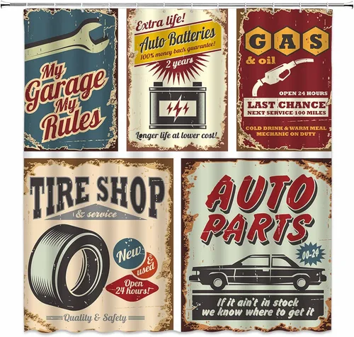 Cortina de ducha para coche, estilo retro de los años 50, accesorios de coche antiguos, póster de reparación estadounidense, letra, decoración de