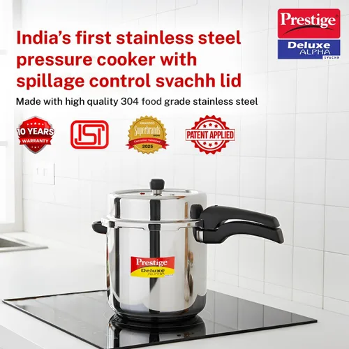 Miniatura 2 de Prestige Deluxe Alpha Svachh - Olla a presión de acero inoxidable con base Alpha y tapa profunda para control de derrames, (10 litros)