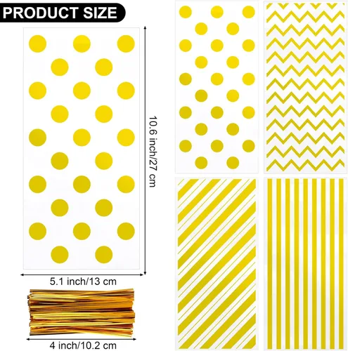 Miniatura 2 de Aodaer 100 bolsas de celofán dorado de 10.6 x 5.1 pulgadas, bolsas de plástico para dulces, bolsas de celofán, diseño de rayas de lunares, bolsa