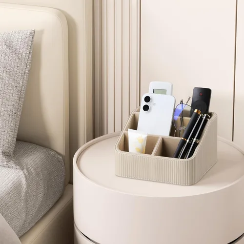 Miniatura 5 de Soporte para control remoto con 4 compartimentos, organizador de mesita de noche pequeña de piel sintética para accesorios de escritorio