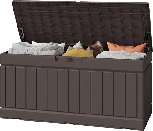 Greesum Caja de almacenamiento para exteriores de 82 galones con tapa para muebles de patio, herramientas de jardín, suministros de piscina, Marrón