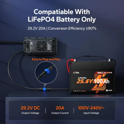 Miniatura 4 de LiTime 24V 20A LiFePO4 Battery Charger, IP67 Waterproof 24V Lithium Battery Charger with Battery Activation, Smart 3-Stage Charger for RV, Marine