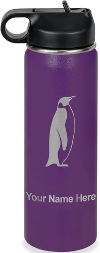 Miniatura 42 de LaserGram Botella de agua personalizada, pingüino, acero inoxidable de doble pared aislada al vacío con popote superior, regalo grabado
