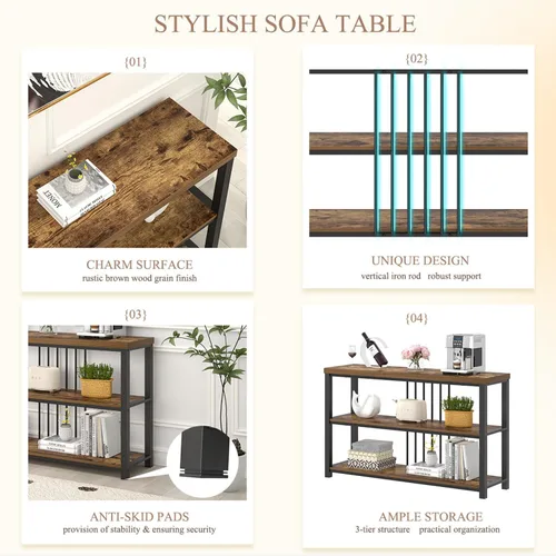 Miniatura 6 de FOLUBAN Mesa de consola industrial, 3 niveles para entrada, sofá, vestíbulo, sala de estar, pasillo, detrás del sofá, color marrón rústico