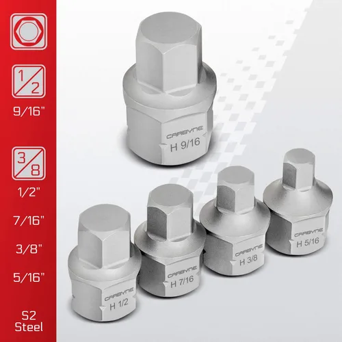 Miniatura 4 de CARBYNE Juego de 9 piezas de dados hexagonales de perfil bajo SAE S2 de acero súper corto Allen con doble unidad interna cuadrada y hexagonal
