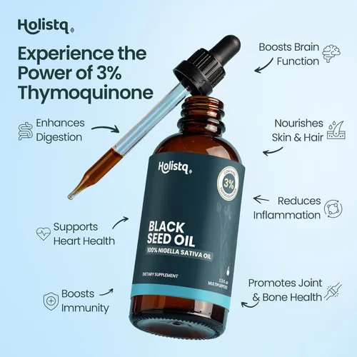 Miniatura 3 de Holistiq Aceite de Semilla Negra Orgánico Prensado en Frío en Gotas 3% Timoquinona Sin OMG y Vegano Aceite de Comino Negro Prensado en Frío