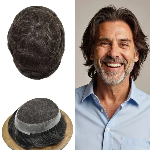 Miniatura 36 de Sistema de reemplazo de cabello de encaje francés para hombre, piezas de cabello de aspecto natural, color negro, marrón, rubio, gris, protesis