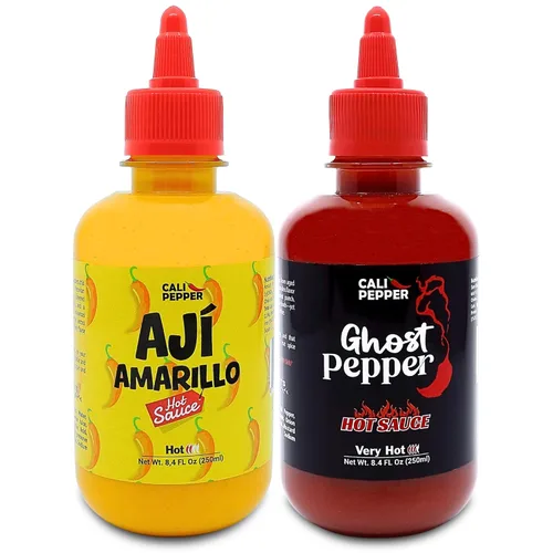 Cali Pepper Paquete variado de salsa picante - Salsas Aji Amarillo y Ghost Pepper - Juego de salsa de chile mediana y muy picante - 2 botellas