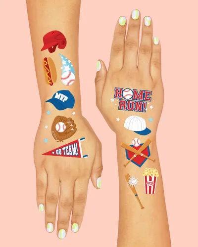 Miniatura 4 de xo, Fetti Tatuajes temporales de béisbol – 56 estilos de aluminio Fiesta de cumpleaños de béisbol, deportes para niños y niñas, suministros