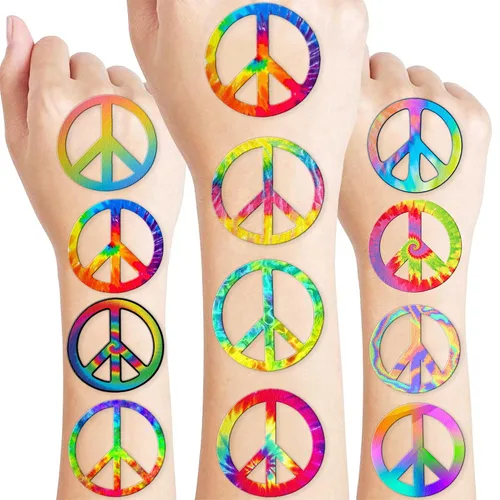100 piezas de tatuajes temporales hippie de paz y amor, decoración de fiesta de cumpleaños, suministros de decoración, letrero de la paz teñido