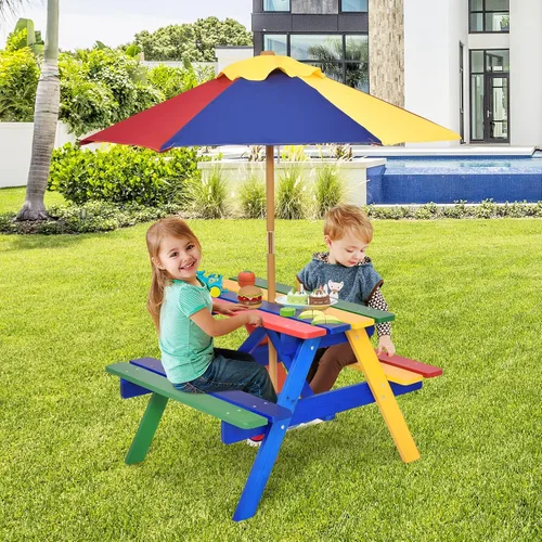 Miniatura 8 de Costzon Mesa de picnic para niños, mesa y sillas de madera de abeto para exteriores con paraguas extraíble, mesa de picnic para niños pequeños