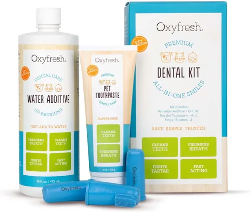 Oxyfresh Kit dental prémium para mascotas para perros y gatos – Ambientador de aliento y solución de limpieza dental más fácil para aliento fresco,
