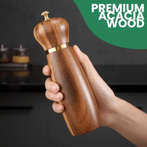 Miniatura 2 de Juego de molinillo de sal y pimienta de madera de acacia con base, molinillo de pimienta manual de 8 pulgadas con grosor ajustable, juego de 2