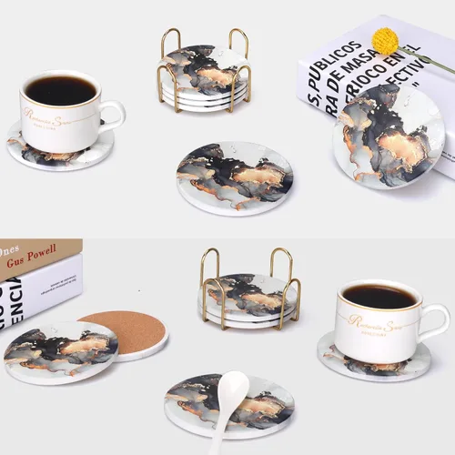 Miniatura 7 de Juego de 6 posavasos de cerámica abstractos de mármol negro con soporte para escritorio, salón, mesa de café, vino, bebidas, bar