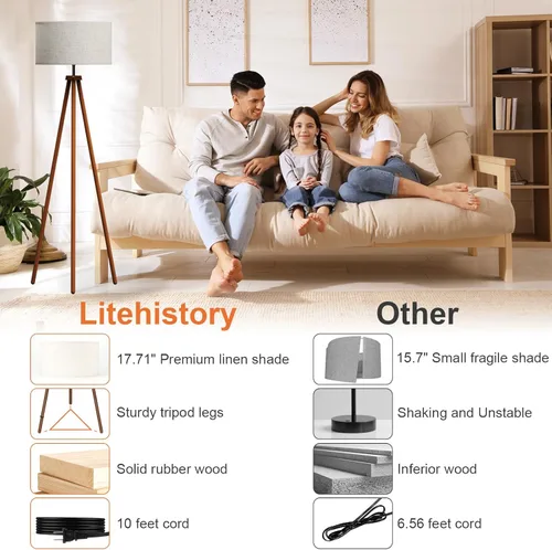 Miniatura 5 de LiteHistory Lámparas de pie de trípode de madera para sala de estar, dormitorio y oficina, lámpara de pie con pantalla de lino beige, bombilla