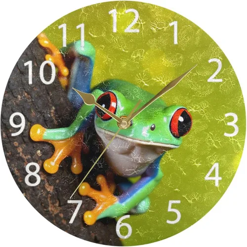 Miniatura 5 de Reloj de pared redondo con diseño de rana de árbol de ojos rojos, pintura al óleo silenciosa sin tictac, decorativo para el hogar, oficina, escuela