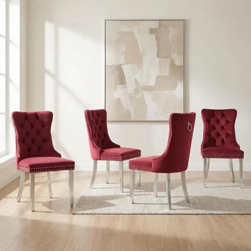 Miniatura 14 de OVENTA Juego de 4 sillas de comedor modernas tapizadas copetudas, terciopelo negro y gris y cuero con patas de madera maciza, sillas de cocina