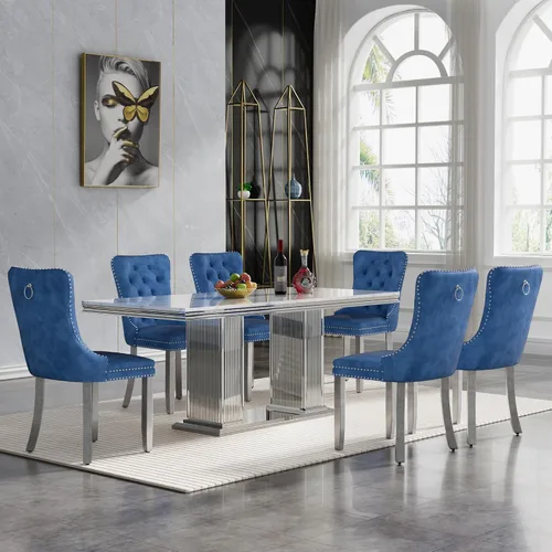 Miniatura 20 de HomVent Juego de mesa de comedor moderna de mármol sintético para 4 personas, mesa de cocina rectangular con 4 sillas beige (dorado)