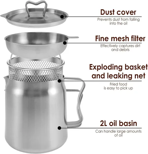 Miniatura 2 de Freidora de acero inoxidable, olla de colador de aceite 2 en 1 de gran capacidad de 53/70 onzas, freidora de acero inoxidable 304 y filtro de aceite