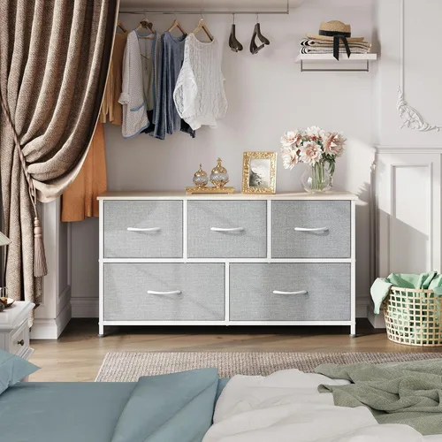 Miniatura 4 de WLIVE Cómoda para dormitorio con 5 cajones, cómoda ancha de cajones, cómoda de tela, unidad de organización de almacenamiento con contenedores