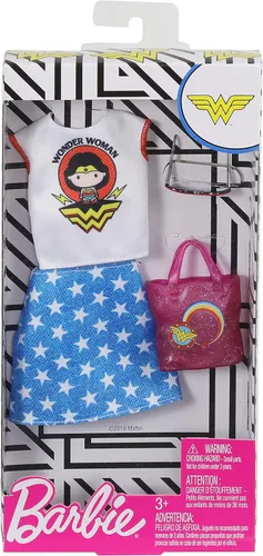Miniatura 2 de Barbie Ropa: Muñeca con traje de mujer maravilla con parte superior gráfica, falda con estampado de estrellas, bolso y gafas de sol, regalo