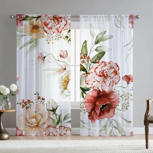 Miniatura 9 de Cortinas de hojas de eucalipto verdes para sala de estar de 63 pulgadas de largo, juego de 2 paneles elegantes de flores silvestres con estampado