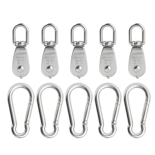 Miniatura 10 de 3 piezas de acero inoxidable 304 M32 de un solo bloque de polea, cuerda de alambre colgante rueda de remolque, con 3 ganchos de resorte