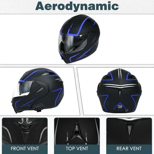 Miniatura 5 de Casco modular Bluetooth para motocicleta, aprobado por DOT, doble visera, abatible, de cara completa, con Bluetooth, casco de motocicleta integrado