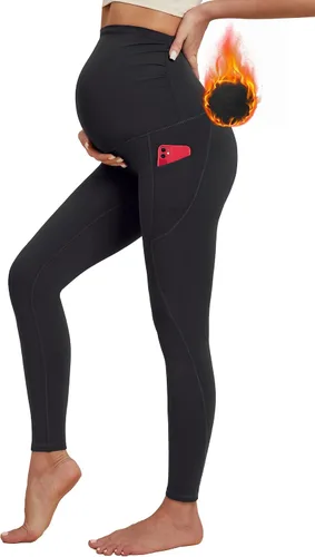 Ewedoos Leggings de maternidad con forro polar y laterales fruncidos, cálidos, sobre el vientre, pantalones térmicos de yoga con bolsillos