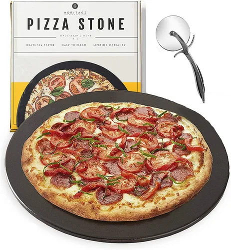 Heritage - Juego de piedras de cerámica para pizza de 15 pulgadas, antiadherentes, sin manchas con cortador adicional, color negro