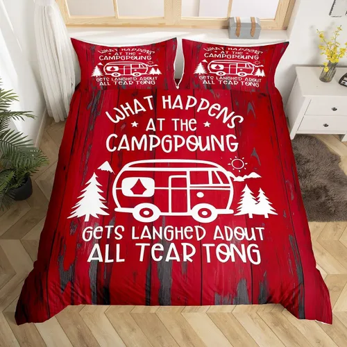 Decoraciones para caravanas de remolques, funda de edredón de campamento feliz, juego de ropa de cama rústica color rojo de 3 piezas para niños y