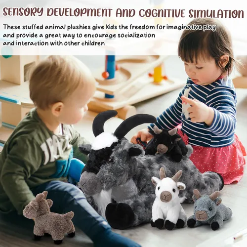 Miniatura 5 de HyDren Juego de 5 piezas de peluche de cabra de 18 pulgadas, peluche de cabra con 4 peluches de bebés en su barriga, almohada de felpa suave de Gris
