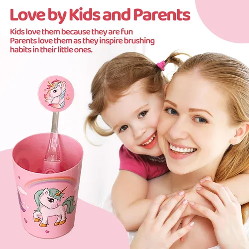 Miniatura 3 de Lily's Home Cepillo de dientes para niños con temporizador intermitente para niños con cerdas suaves, taza emergente y cubierta - Divertido cepillo