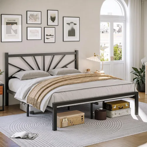 Miniatura 27 de Homkdom Marco de cama de plataforma de metal tamaño Queen de 14 pulgadas con cabecero, marco de cama victoriano Queen con almacenamiento debajo