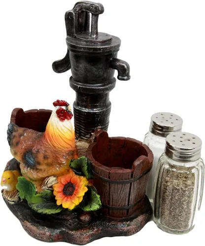 Miniatura 5 de Ebros Country Animal Farm Pollo gallina con pollitos por riego, barriles de bomba y girasoles, salero y pimentero, figura como cocina, comedor