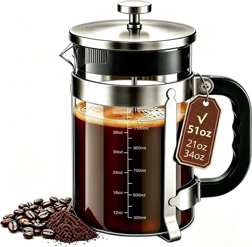 Miniatura 16 de QUQIYSO Cafetera de prensa francesa de acero inoxidable 304 con 4 filtros, resistente al calor, duradera, fácil de limpiar, prensa de café de vidrio