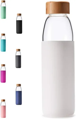 Miniatura 18 de Botellas de agua de vidrio de borosilicato de 25 onzas con tapa de bambú, sin BPA, funda de silicona antideslizante y tapa a prueba de fugas de Azul