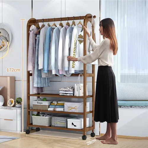 Miniatura 6 de Bamboo Clothes Rack with Wheels,Garment Rack,Multifunctional Entryway Clothing Storage,Hanging Rod for Small Spaces,with Shoe Storage Shelf and 50cm