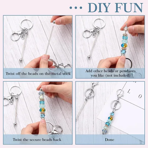 Miniatura 5 de Huwena 6 piezas de llaveros con cuentas, barras en blanco, llavero de cuentas de metal para colgante, manualidades, joyería, regalo Plateado